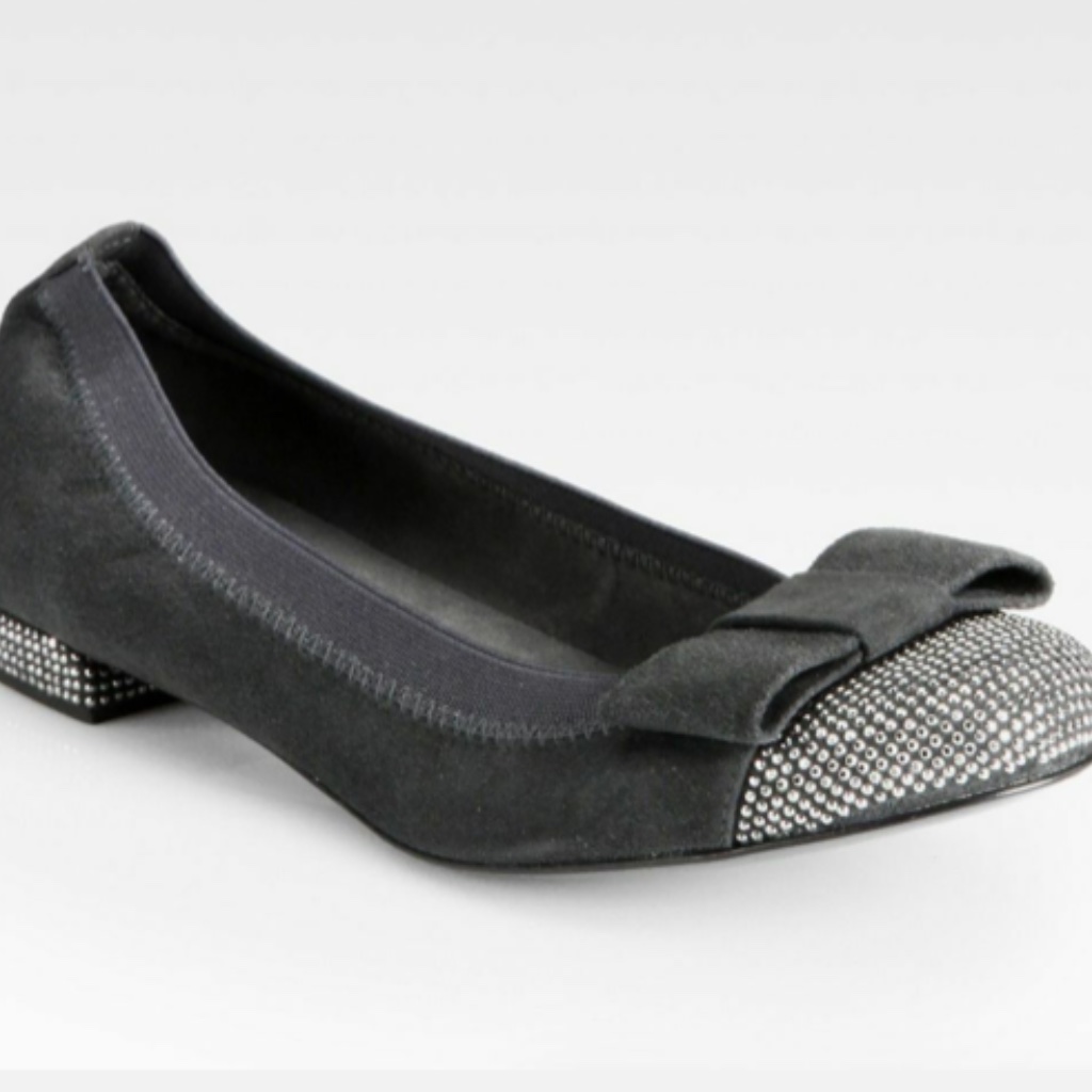 Stuart Weitzman Cabot Suede Studded Cup Bow Flats - 6-1/2